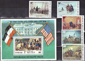 Верхняя Вольта, 1976, 200 лет США, 5 марок блок Лошади Корабли